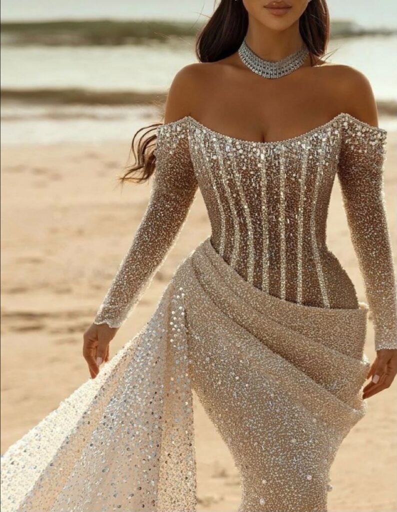 Robe de soirée à broderies champagne, corset